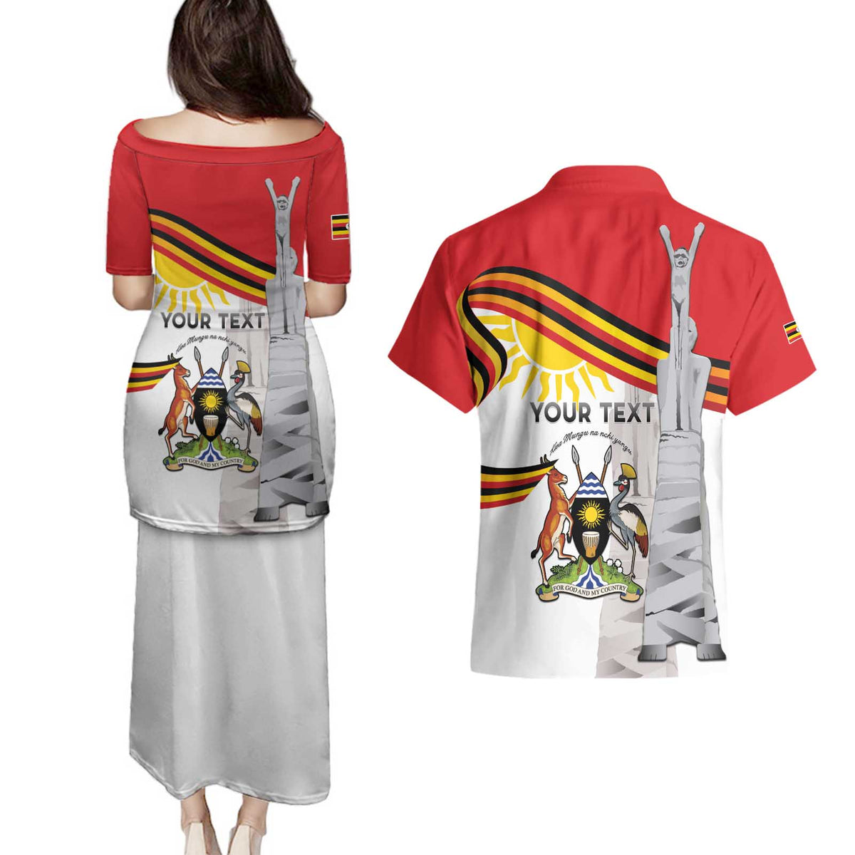 Personalized Uganda Independence Day Couples Matching Puletasi and Hawaiian Shirt Independence Monument - Coat Of Arms - Wonder Print Shop