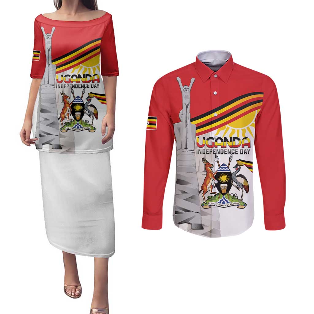 Personalized Uganda Independence Day Couples Matching Puletasi and Long Sleeve Button Shirt Independence Monument - Coat Of Arms - Wonder Print Shop