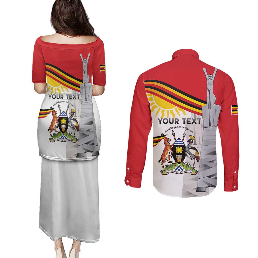 Personalized Uganda Independence Day Couples Matching Puletasi and Long Sleeve Button Shirt Independence Monument - Coat Of Arms - Wonder Print Shop