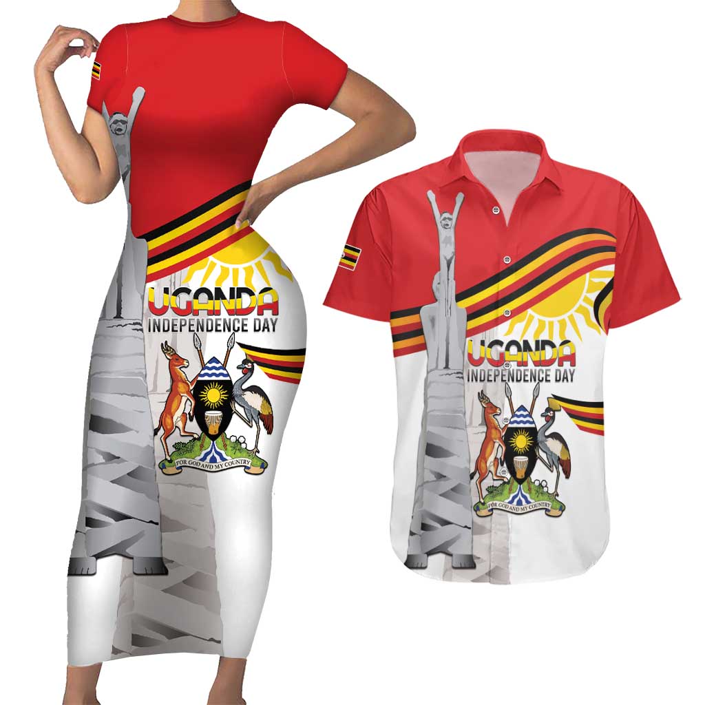 Personalized Uganda Independence Day Couples Matching Short Sleeve Bodycon Dress and Hawaiian Shirt Independence Monument - Coat Of Arms - Wonder Print Shop