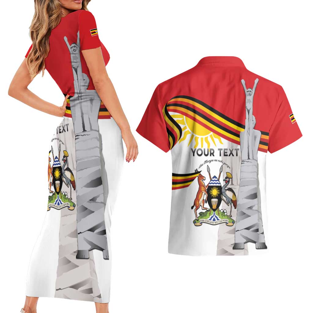 Personalized Uganda Independence Day Couples Matching Short Sleeve Bodycon Dress and Hawaiian Shirt Independence Monument - Coat Of Arms - Wonder Print Shop