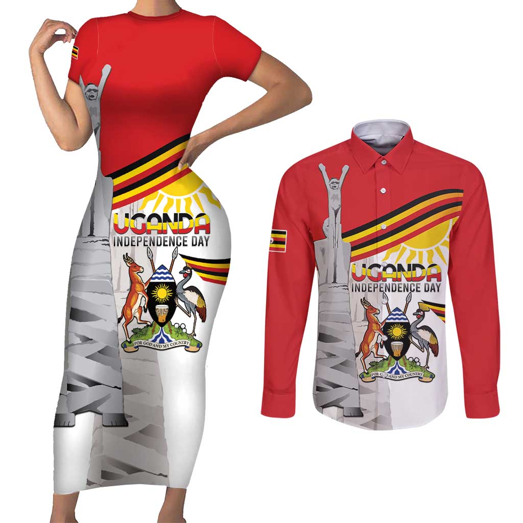 Personalized Uganda Independence Day Couples Matching Short Sleeve Bodycon Dress and Long Sleeve Button Shirt Independence Monument - Coat Of Arms - Wonder Print Shop