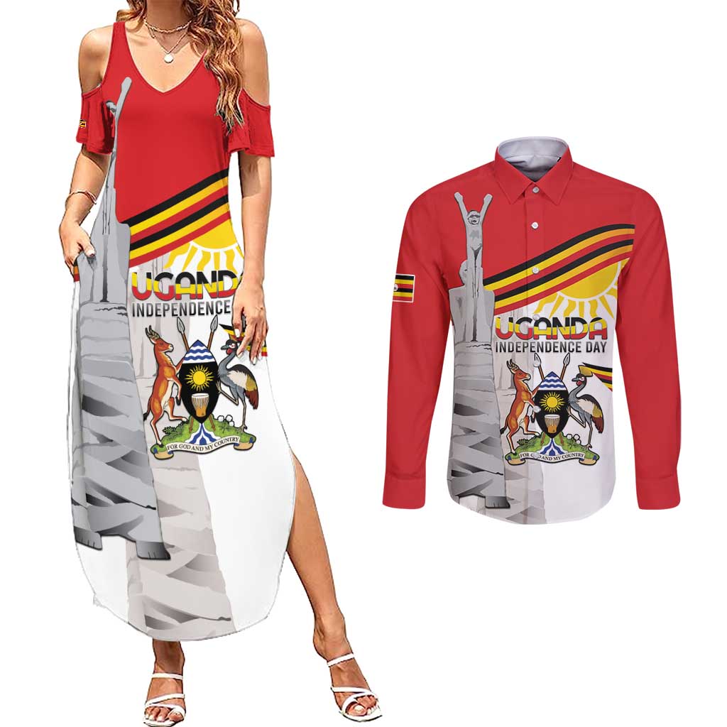 Personalized Uganda Independence Day Couples Matching Summer Maxi Dress and Long Sleeve Button Shirt Independence Monument - Coat Of Arms - Wonder Print Shop