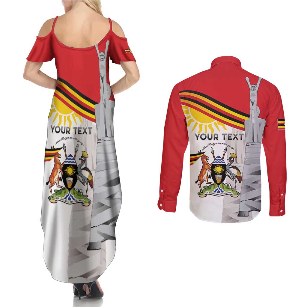 Personalized Uganda Independence Day Couples Matching Summer Maxi Dress and Long Sleeve Button Shirt Independence Monument - Coat Of Arms - Wonder Print Shop