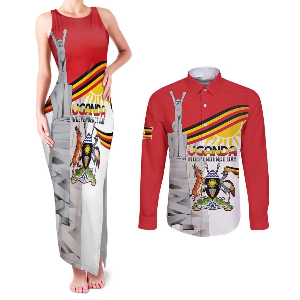 Personalized Uganda Independence Day Couples Matching Tank Maxi Dress and Long Sleeve Button Shirt Independence Monument - Coat Of Arms - Wonder Print Shop