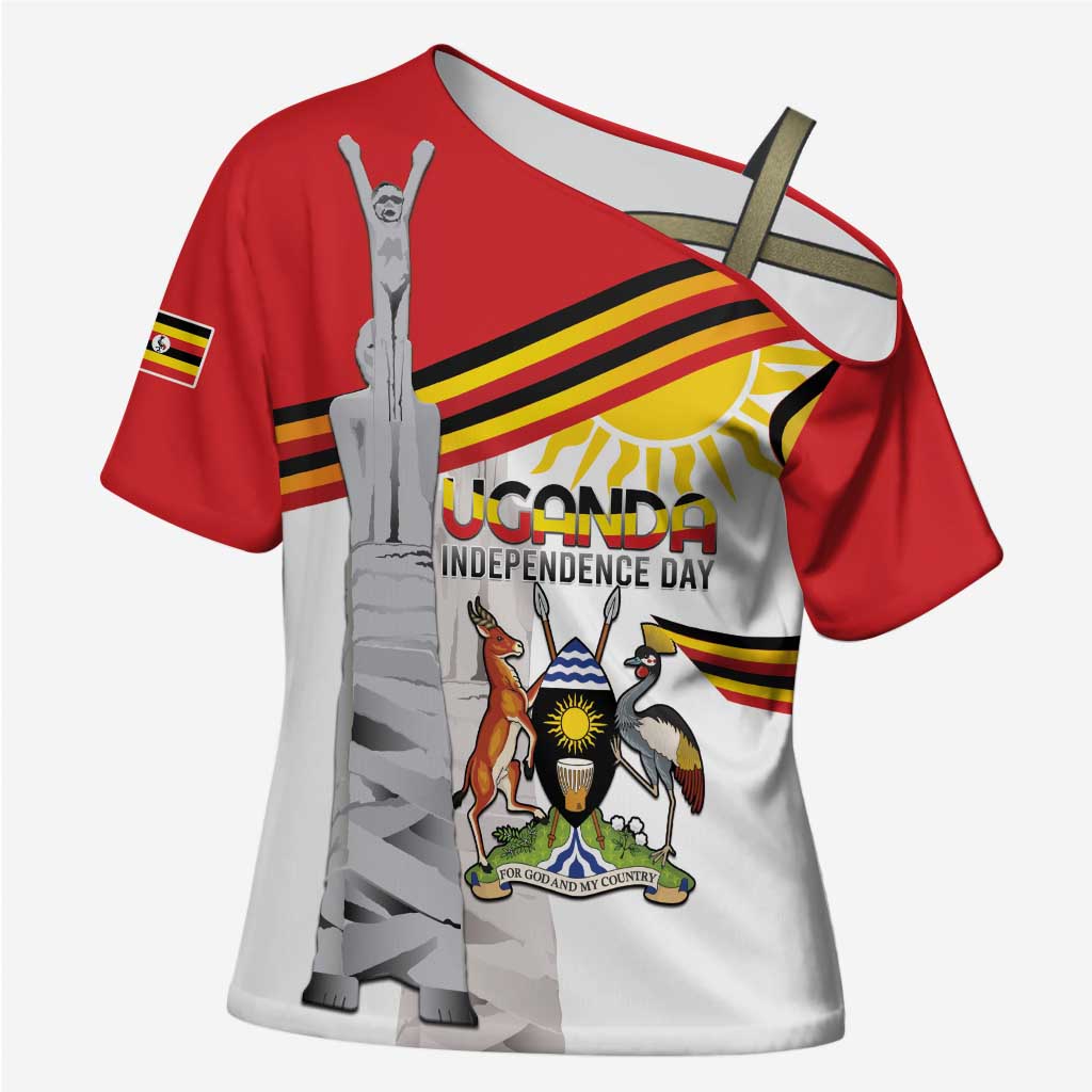 Personalized Uganda Independence Day Cross Shoulder Shirt Independence Monument - Coat Of Arms - Wonder Print Shop