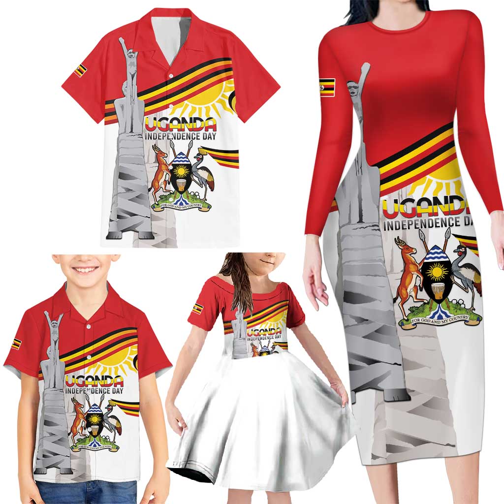 Personalized Uganda Independence Day Family Matching Long Sleeve Bodycon Dress and Hawaiian Shirt Independence Monument - Coat Of Arms - Wonder Print Shop