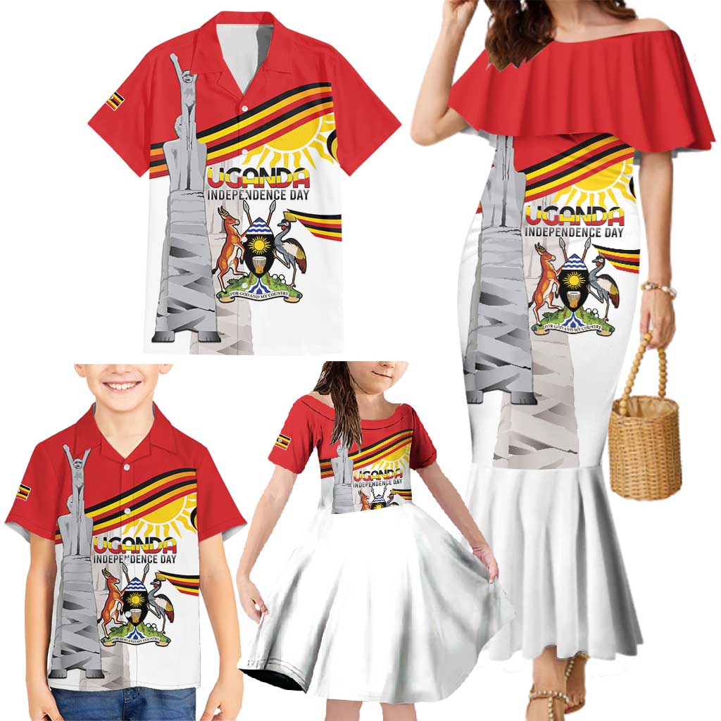 Personalized Uganda Independence Day Family Matching Mermaid Dress and Hawaiian Shirt Independence Monument - Coat Of Arms - Wonder Print Shop