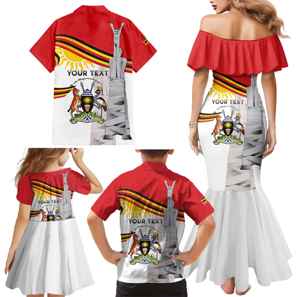 Personalized Uganda Independence Day Family Matching Mermaid Dress and Hawaiian Shirt Independence Monument - Coat Of Arms - Wonder Print Shop