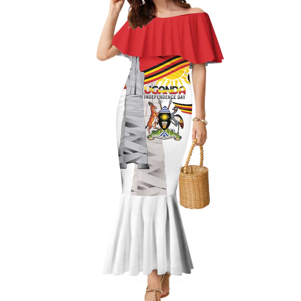 Personalized Uganda Independence Day Family Matching Mermaid Dress and Hawaiian Shirt Independence Monument - Coat Of Arms - Wonder Print Shop