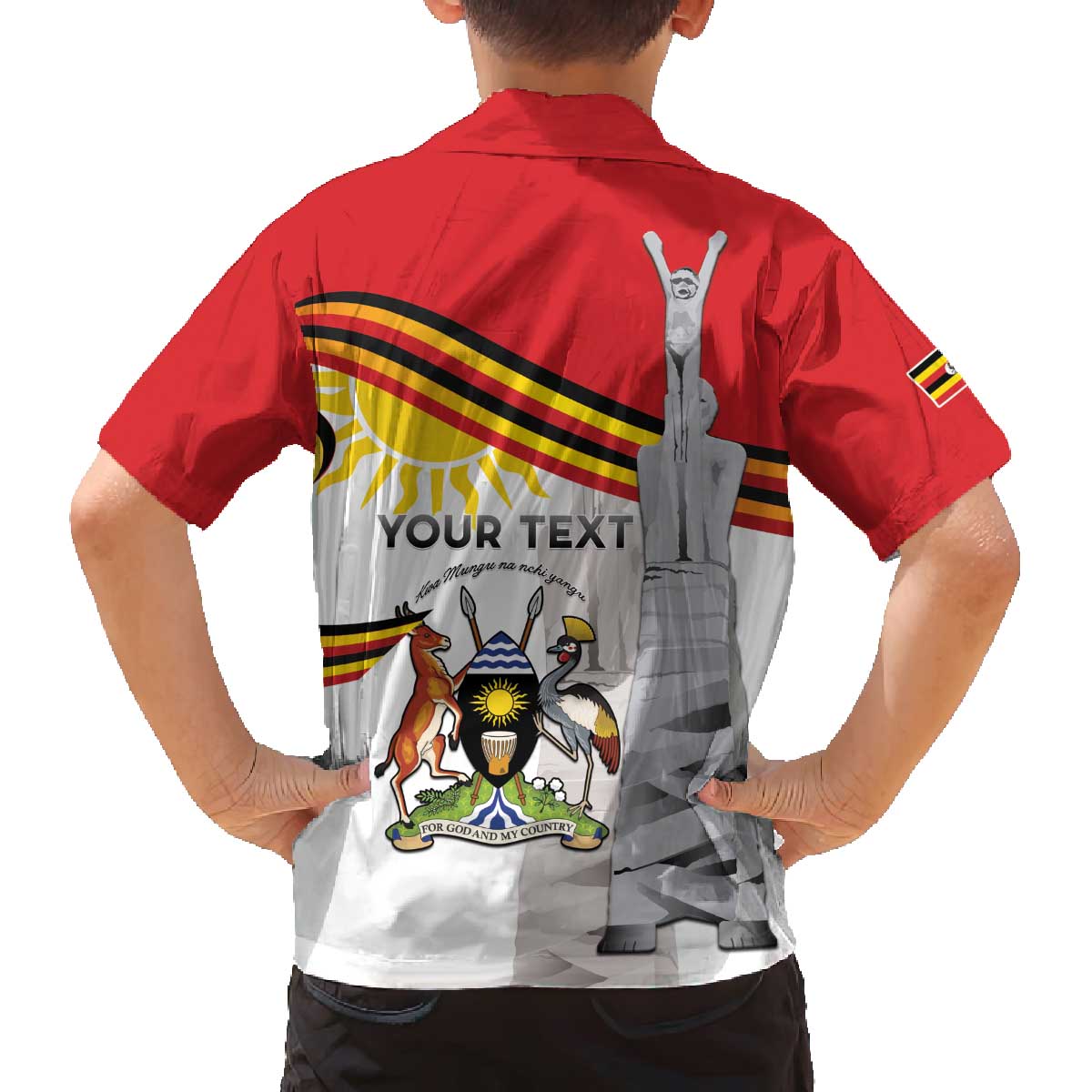 Personalized Uganda Independence Day Family Matching Off The Shoulder Long Sleeve Dress and Hawaiian Shirt Independence Monument - Coat Of Arms - Wonder Print Shop