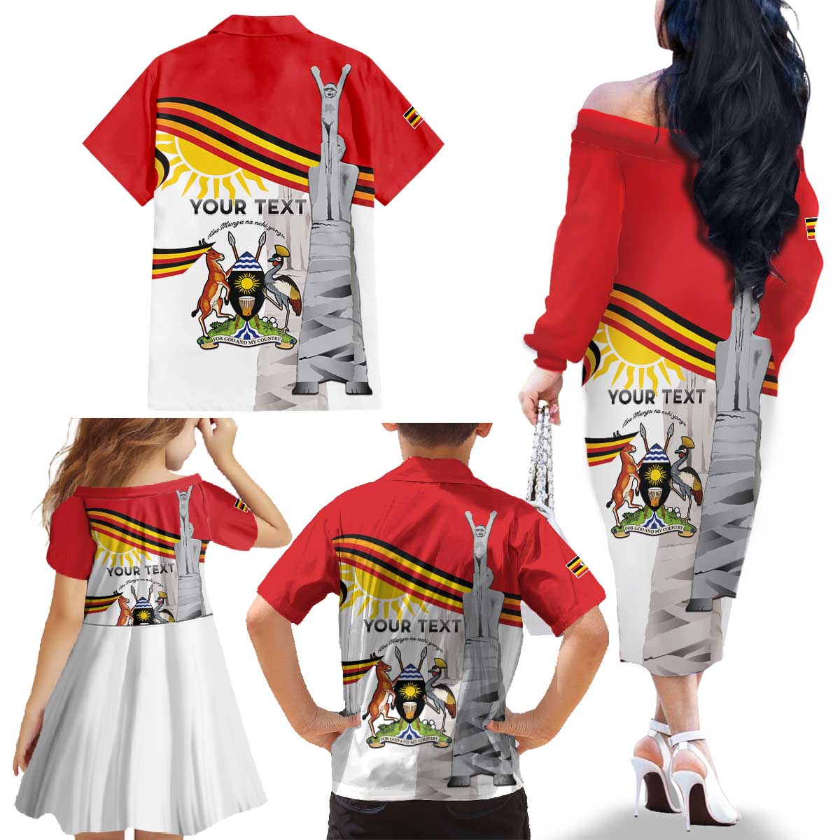 Personalized Uganda Independence Day Family Matching Off The Shoulder Long Sleeve Dress and Hawaiian Shirt Independence Monument - Coat Of Arms - Wonder Print Shop
