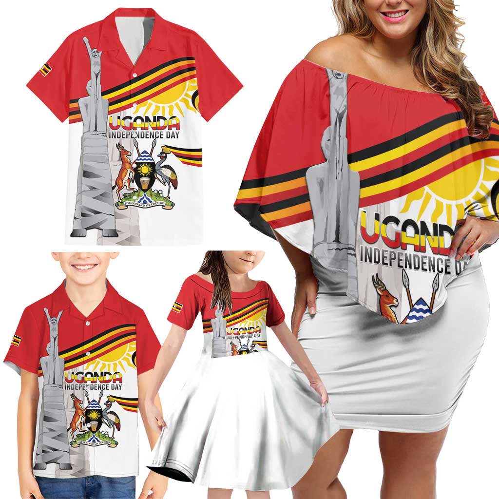 Personalized Uganda Independence Day Family Matching Off Shoulder Short Dress and Hawaiian Shirt Independence Monument - Coat Of Arms - Wonder Print Shop
