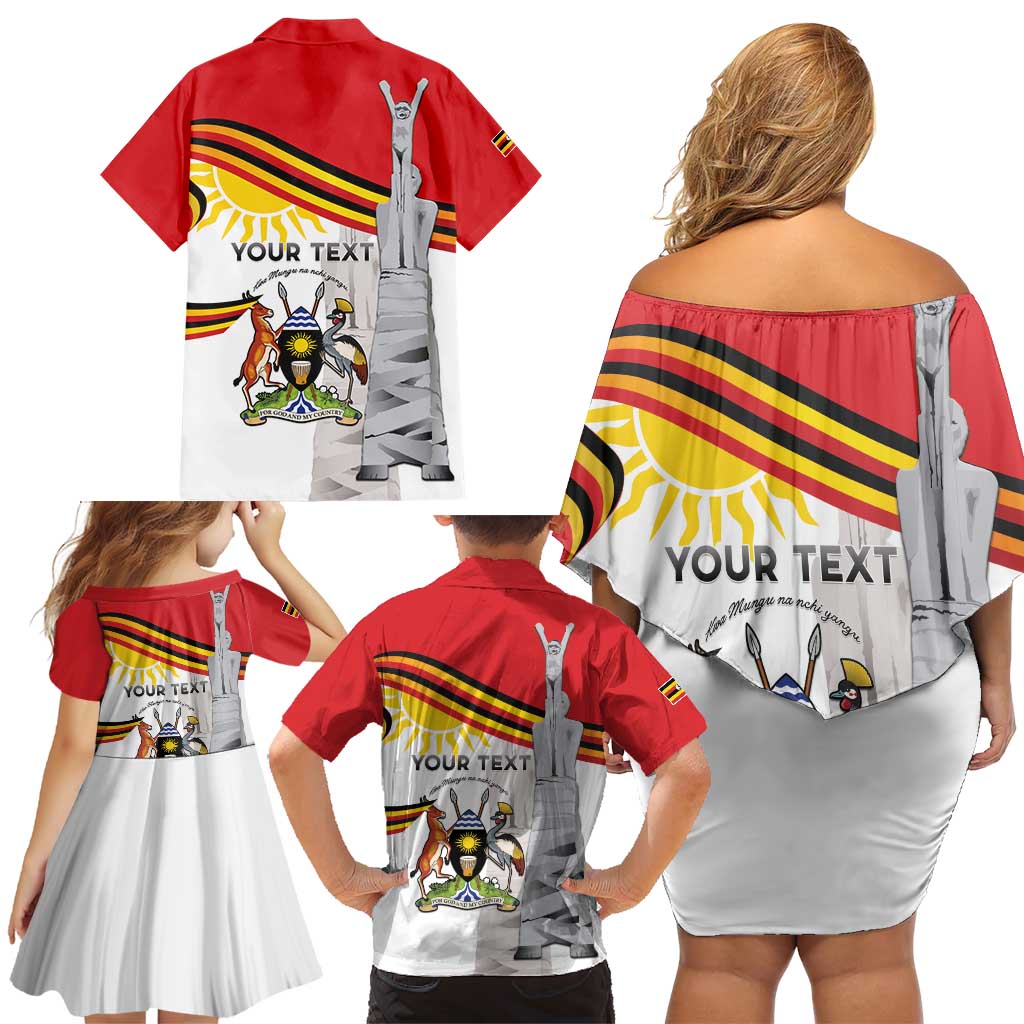 Personalized Uganda Independence Day Family Matching Off Shoulder Short Dress and Hawaiian Shirt Independence Monument - Coat Of Arms - Wonder Print Shop