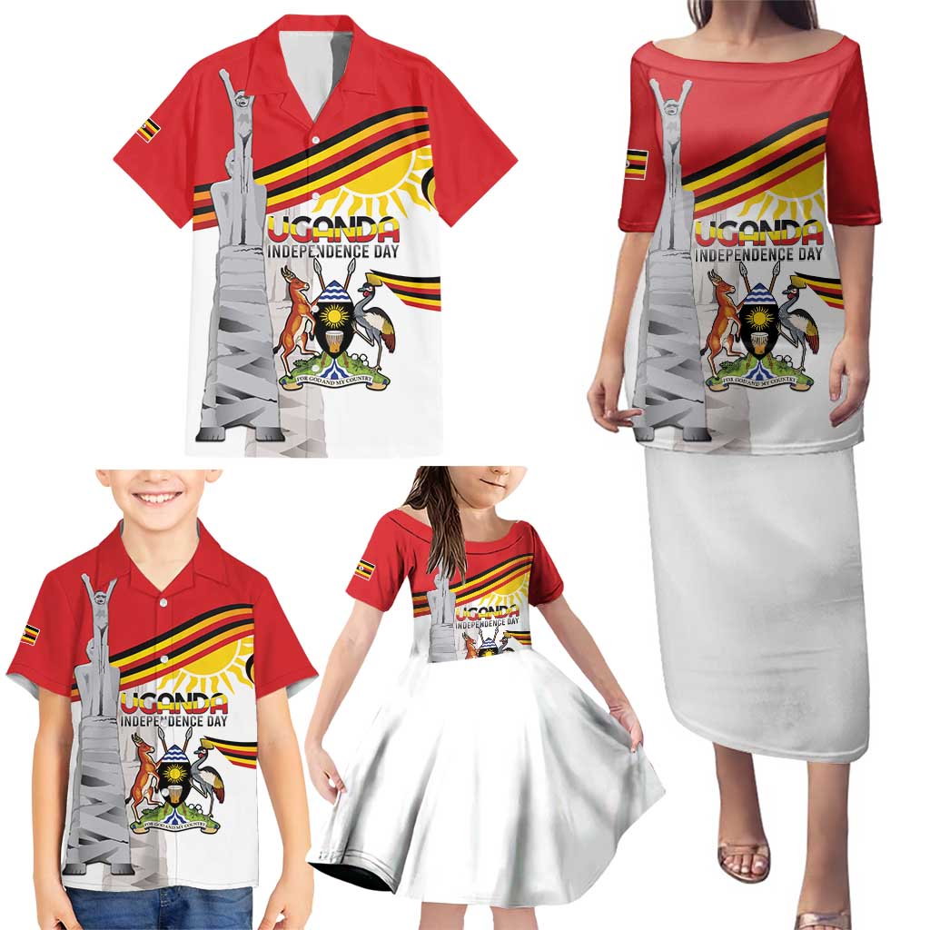 Personalized Uganda Independence Day Family Matching Puletasi and Hawaiian Shirt Independence Monument - Coat Of Arms - Wonder Print Shop