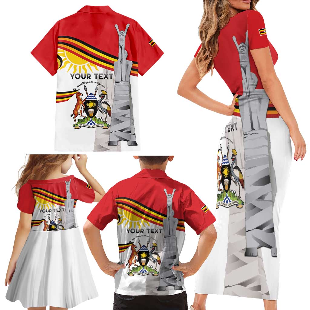 Personalized Uganda Independence Day Family Matching Short Sleeve Bodycon Dress and Hawaiian Shirt Independence Monument - Coat Of Arms - Wonder Print Shop