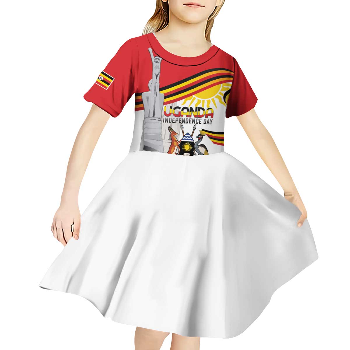 Personalized Uganda Independence Day Kid Short Sleeve Dress Independence Monument - Coat Of Arms - Wonder Print Shop