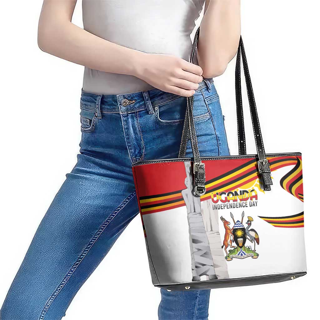 Uganda Independence Day Leather Tote Bag Independence Monument - Coat Of Arms - Wonder Print Shop
