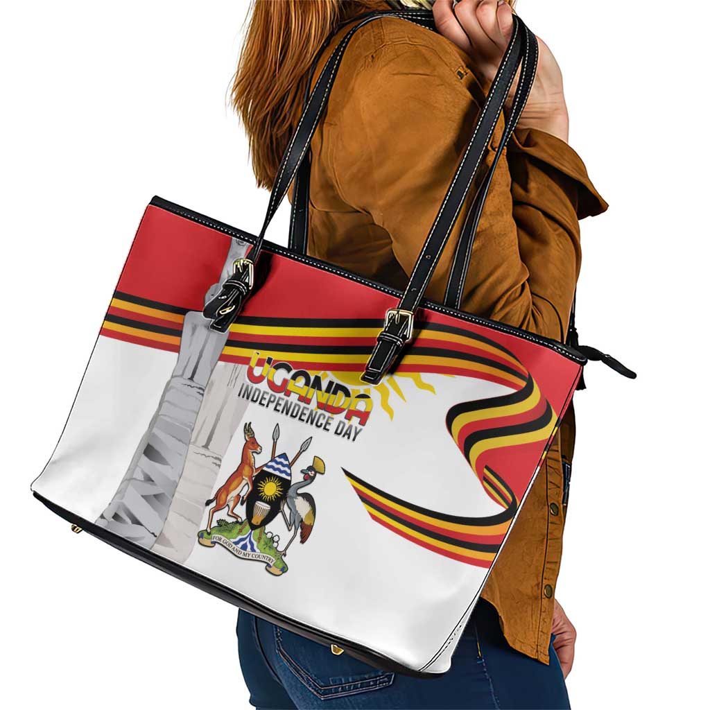 Uganda Independence Day Leather Tote Bag Independence Monument - Coat Of Arms - Wonder Print Shop