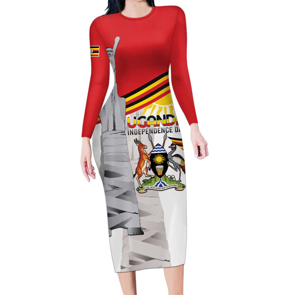 Personalized Uganda Independence Day Long Sleeve Bodycon Dress Independence Monument - Coat Of Arms - Wonder Print Shop