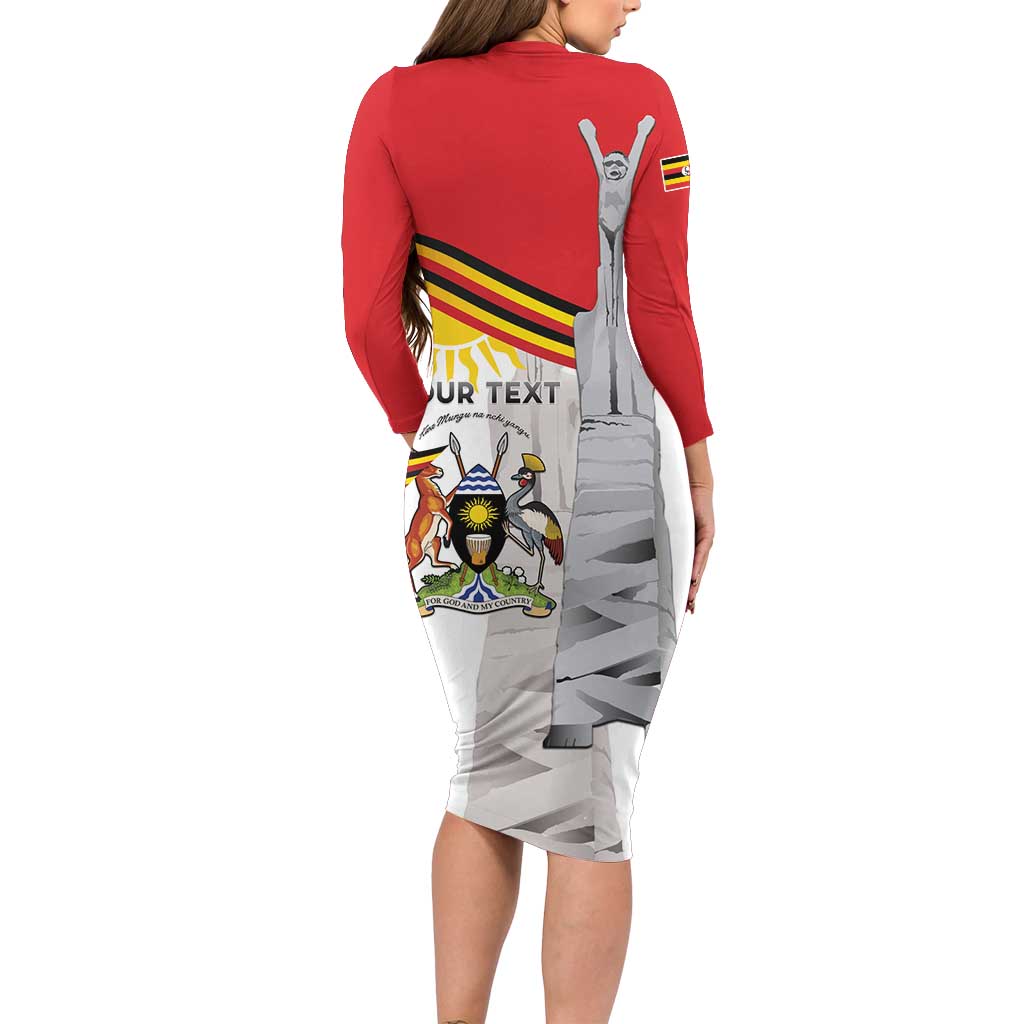 Personalized Uganda Independence Day Long Sleeve Bodycon Dress Independence Monument - Coat Of Arms - Wonder Print Shop