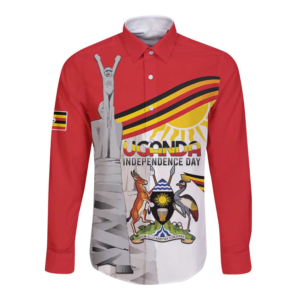 Personalized Uganda Independence Day Long Sleeve Button Shirt Independence Monument - Coat Of Arms - Wonder Print Shop