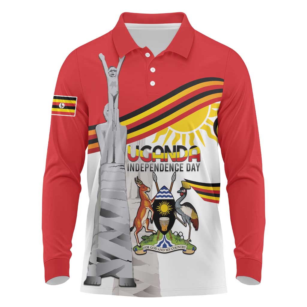 Personalized Uganda Independence Day Long Sleeve Polo Shirt Independence Monument - Coat Of Arms - Wonder Print Shop