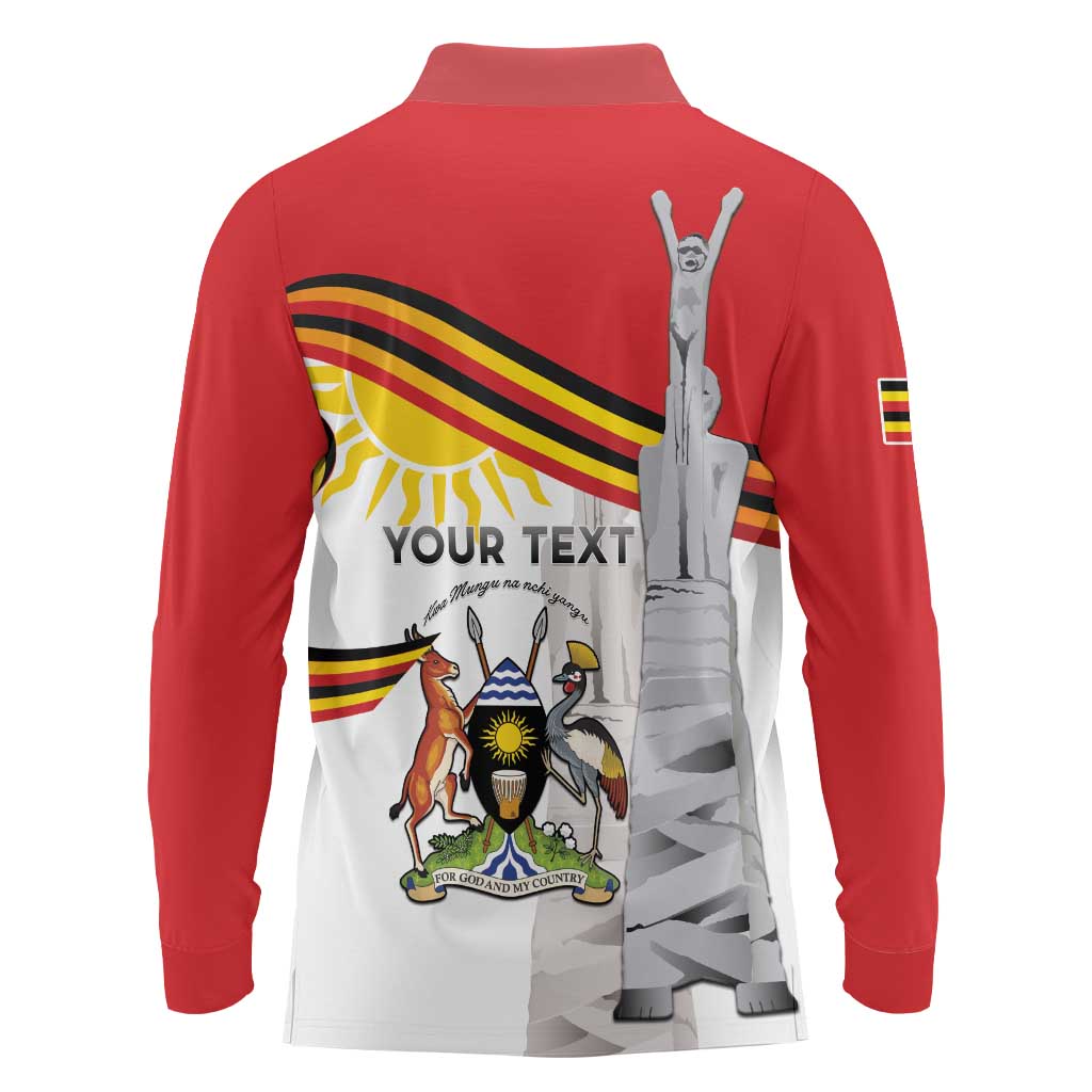 Personalized Uganda Independence Day Long Sleeve Polo Shirt Independence Monument - Coat Of Arms - Wonder Print Shop