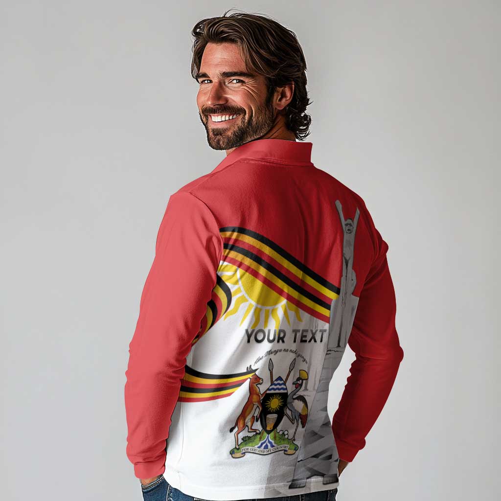 Personalized Uganda Independence Day Long Sleeve Polo Shirt Independence Monument - Coat Of Arms - Wonder Print Shop