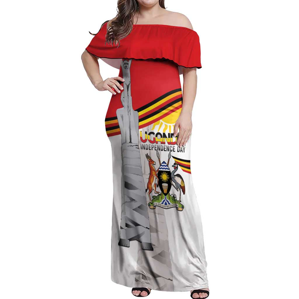 Personalized Uganda Independence Day Off Shoulder Maxi Dress Independence Monument - Coat Of Arms - Wonder Print Shop