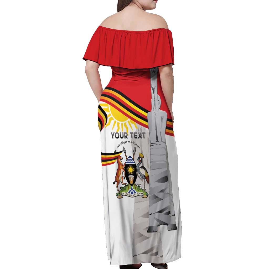 Personalized Uganda Independence Day Off Shoulder Maxi Dress Independence Monument - Coat Of Arms - Wonder Print Shop