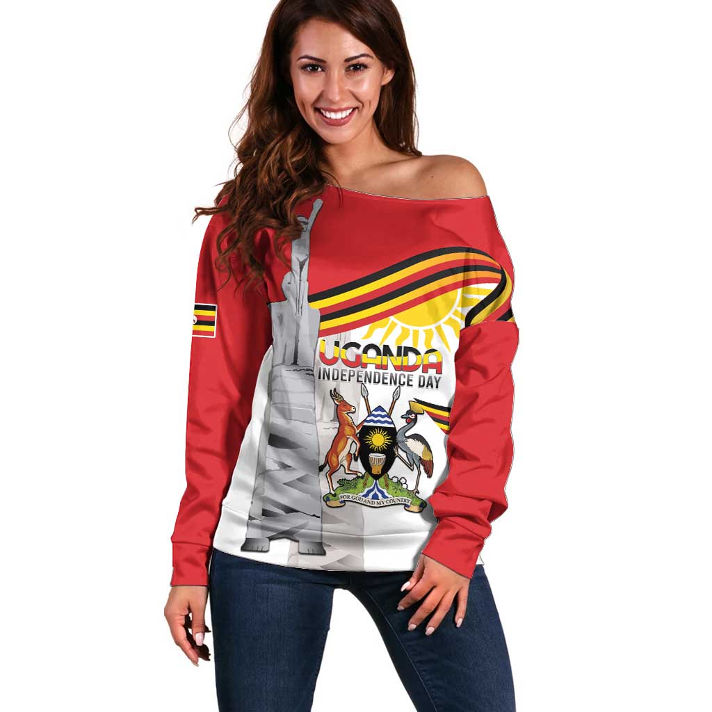 Personalized Uganda Independence Day Off Shoulder Sweater Independence Monument - Coat Of Arms - Wonder Print Shop