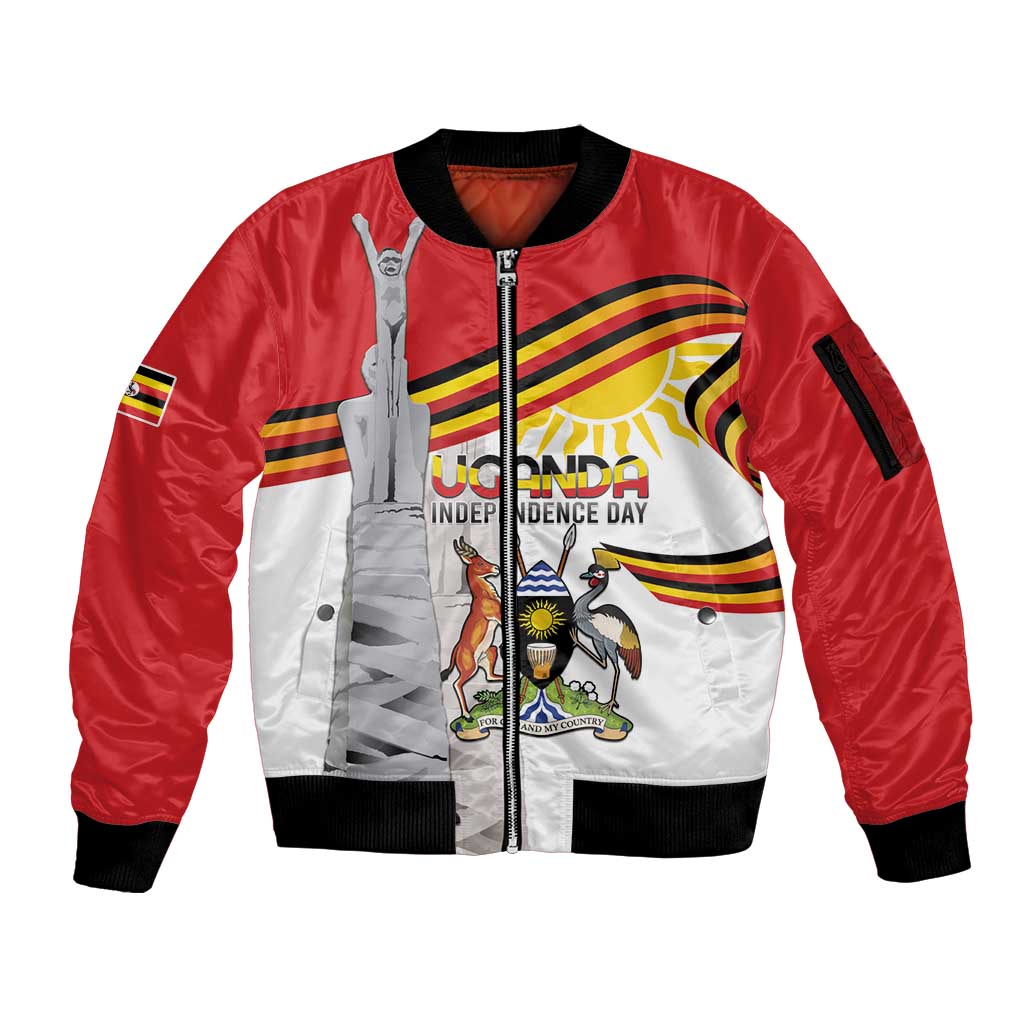 Personalized Uganda Independence Day Sleeve Zip Bomber Jacket Independence Monument - Coat Of Arms - Wonder Print Shop