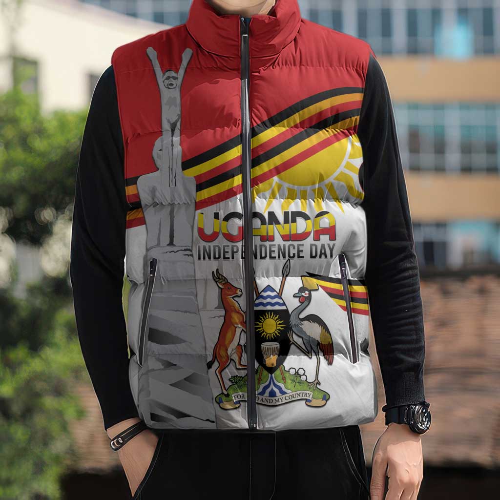 Personalized Uganda Independence Day Sleeveless Puffer Jacket Independence Monument - Coat Of Arms - Wonder Print Shop