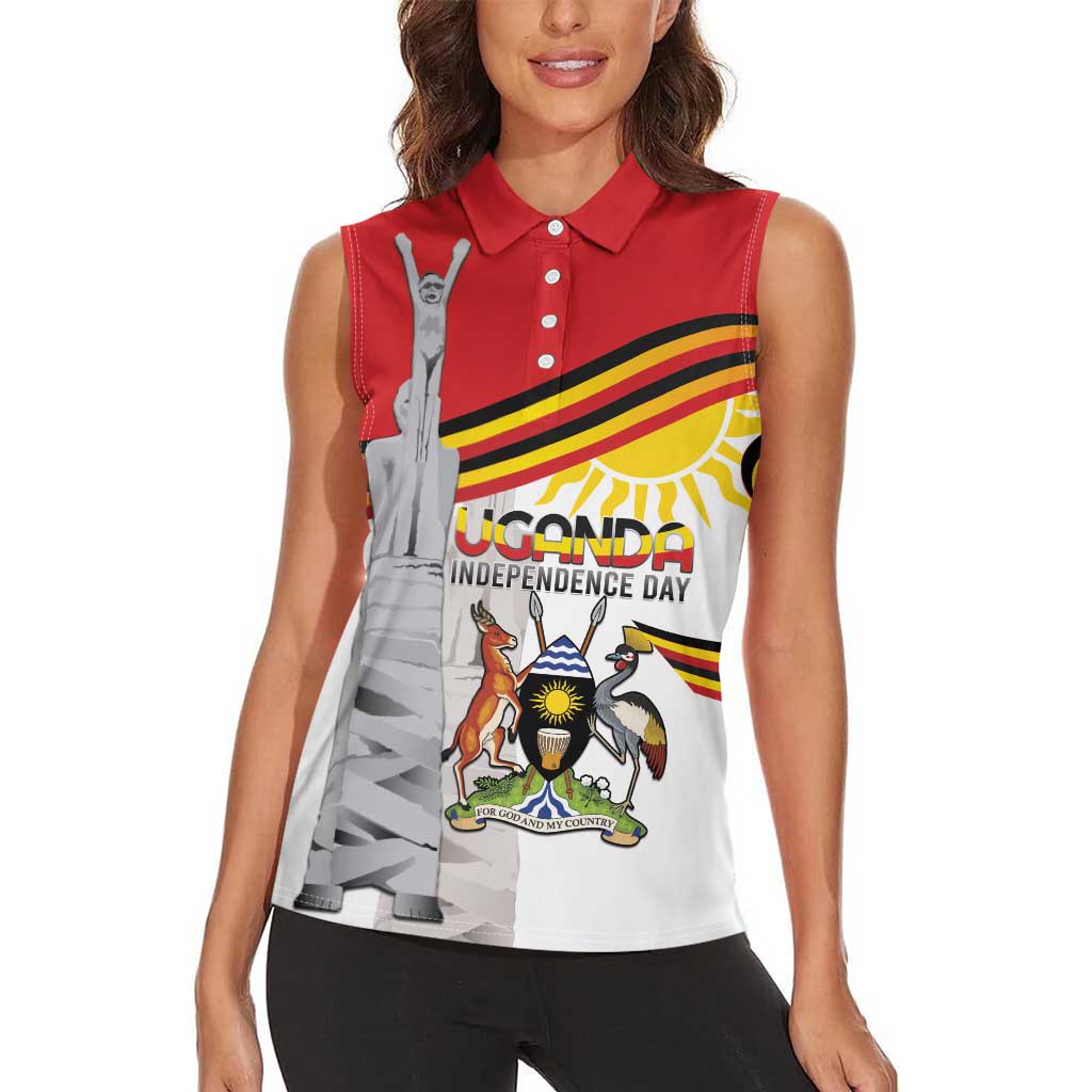 Personalized Uganda Independence Day Women Sleeveless Polo Shirt Independence Monument - Coat Of Arms - Wonder Print Shop