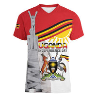 Personalized Uganda Independence Day Women V-Neck T-Shirt Independence Monument - Coat Of Arms - Wonder Print Shop