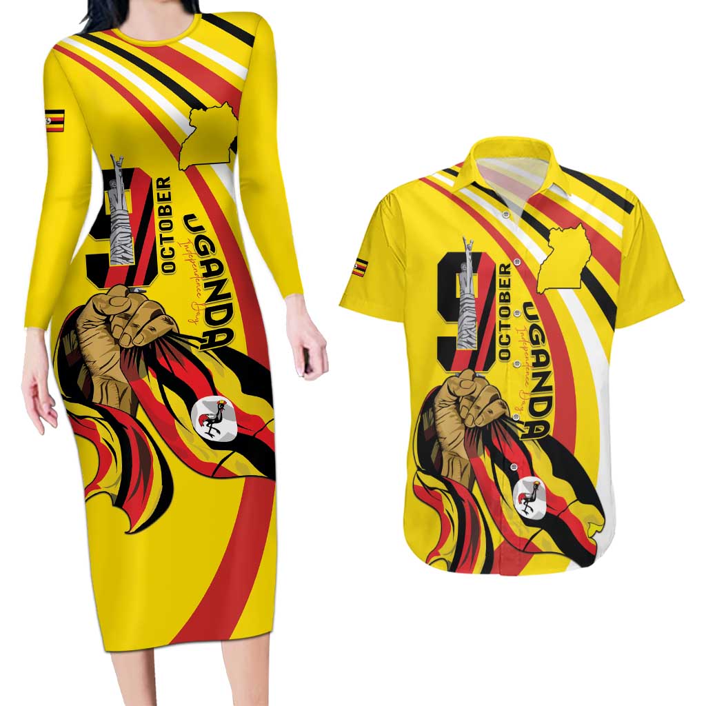 Uganda Couples Matching Long Sleeve Bodycon Dress and Hawaiian Shirt 63rd Anniversary Of Independence - Wonder Print Shop