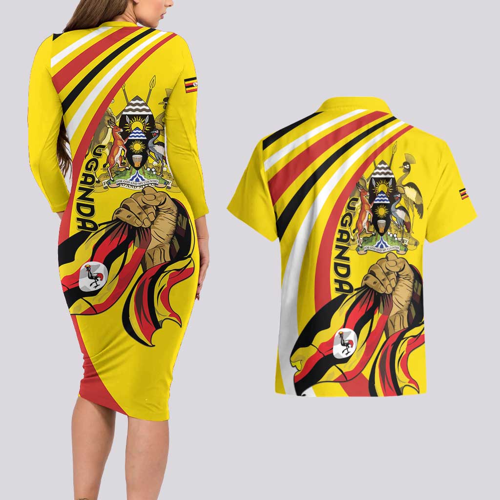 Uganda Couples Matching Long Sleeve Bodycon Dress and Hawaiian Shirt 63rd Anniversary Of Independence - Wonder Print Shop