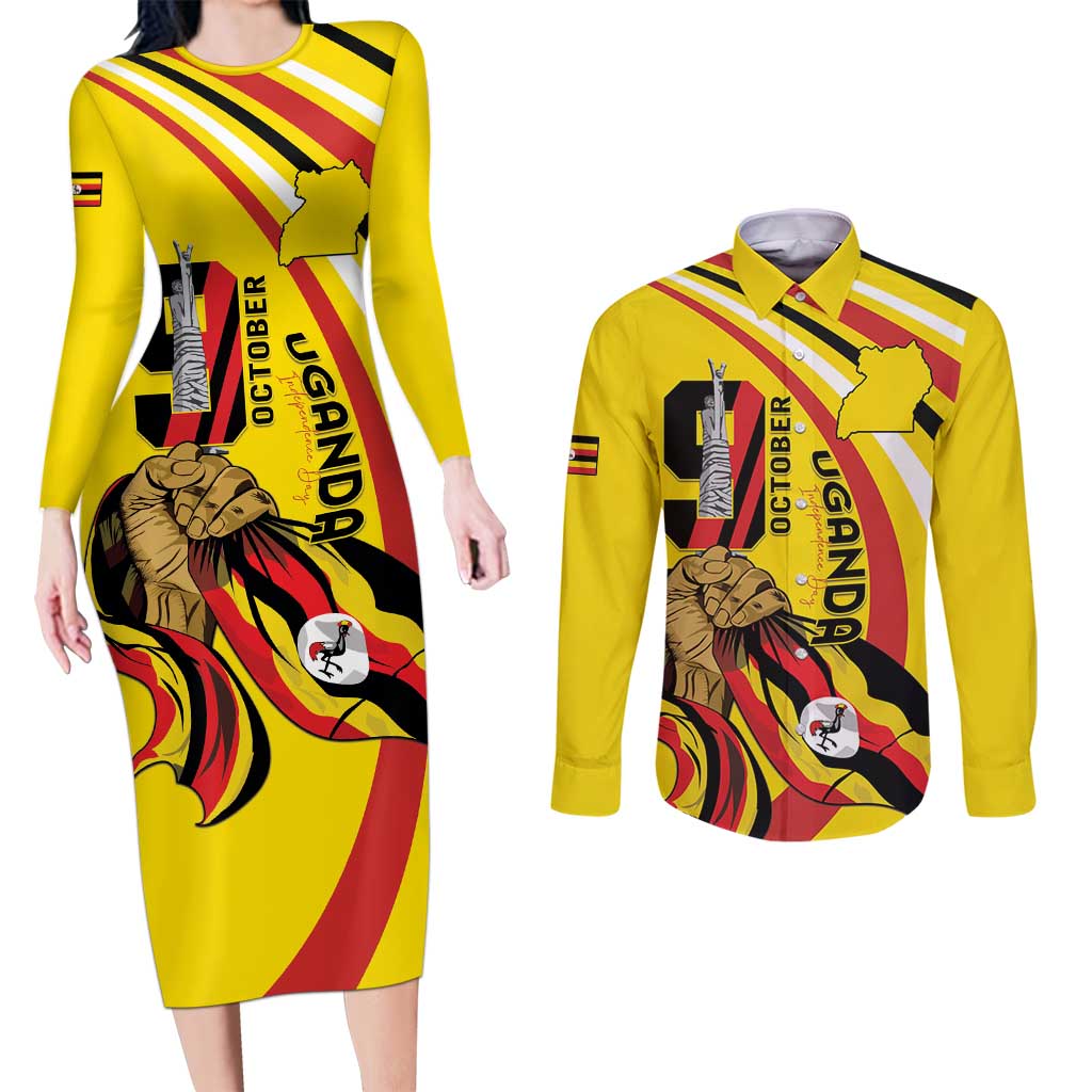 Uganda Couples Matching Long Sleeve Bodycon Dress and Long Sleeve Button Shirt 63rd Anniversary Of Independence - Wonder Print Shop