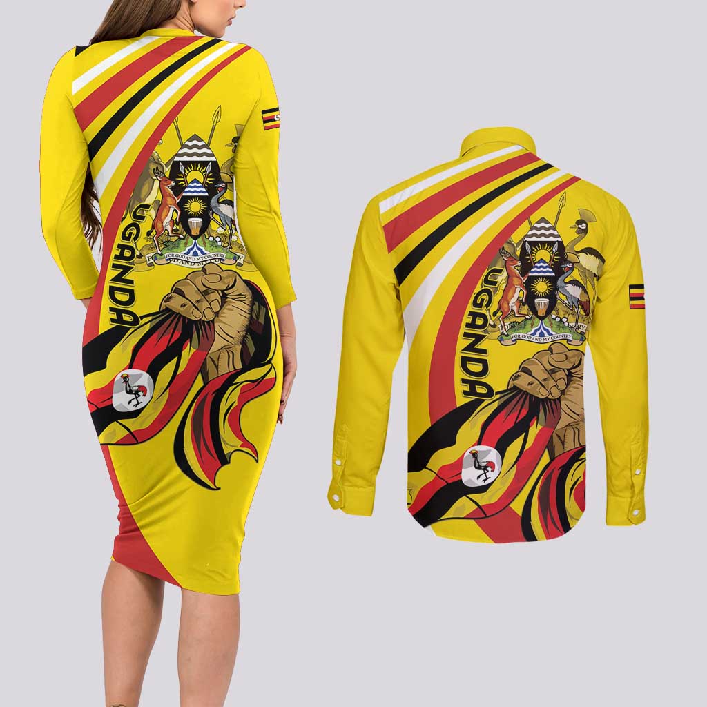 Uganda Couples Matching Long Sleeve Bodycon Dress and Long Sleeve Button Shirt 63rd Anniversary Of Independence - Wonder Print Shop