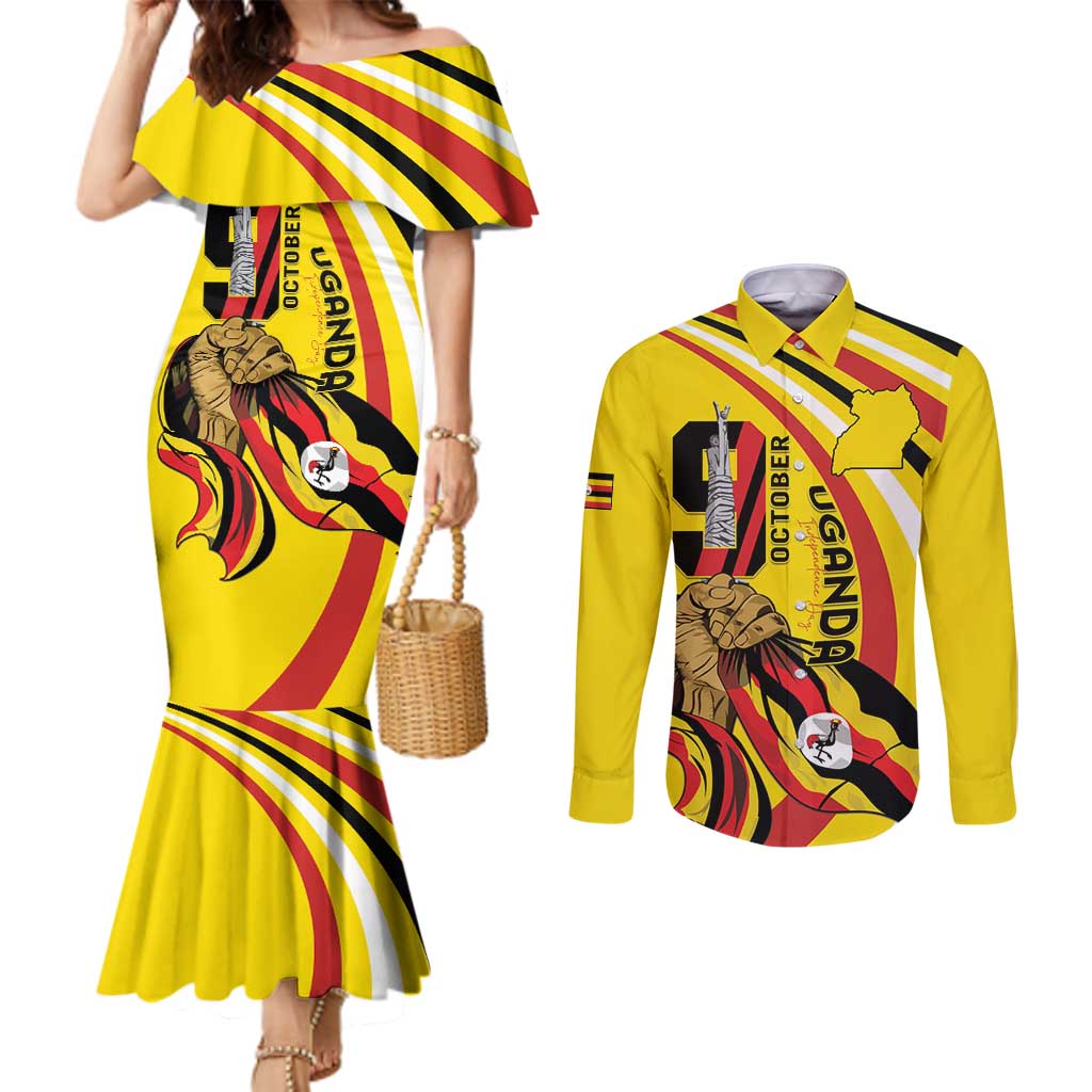Uganda Couples Matching Mermaid Dress and Long Sleeve Button Shirt 63rd Anniversary Of Independence - Wonder Print Shop