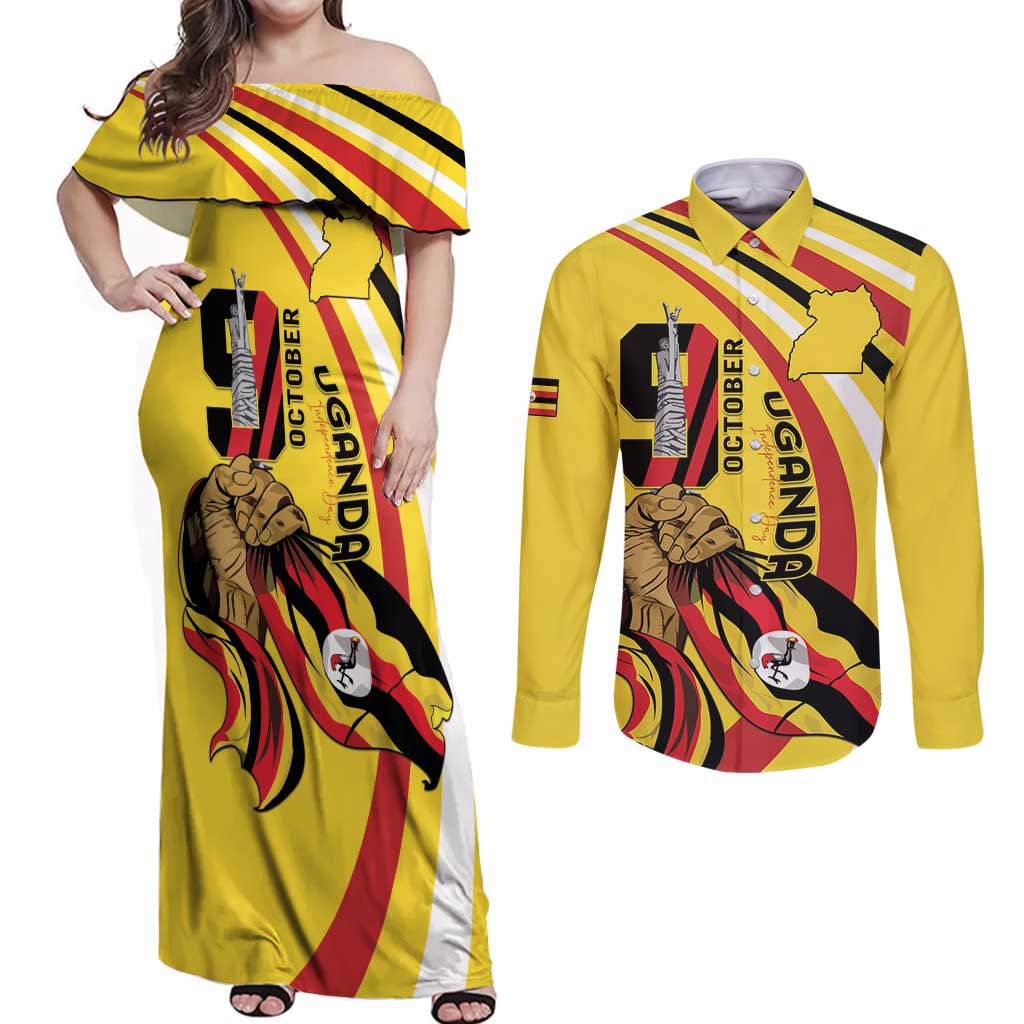 Uganda Couples Matching Off Shoulder Maxi Dress and Long Sleeve Button Shirt 63rd Anniversary Of Independence - Wonder Print Shop