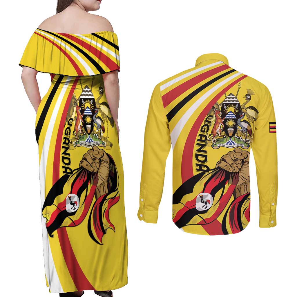 Uganda Couples Matching Off Shoulder Maxi Dress and Long Sleeve Button Shirt 63rd Anniversary Of Independence - Wonder Print Shop