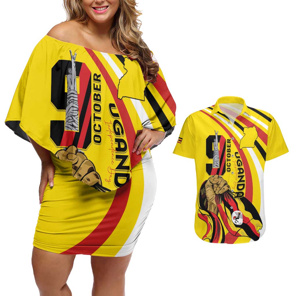 Uganda Couples Matching Off Shoulder Short Dress and Hawaiian Shirt 63rd Anniversary Of Independence - Wonder Print Shop