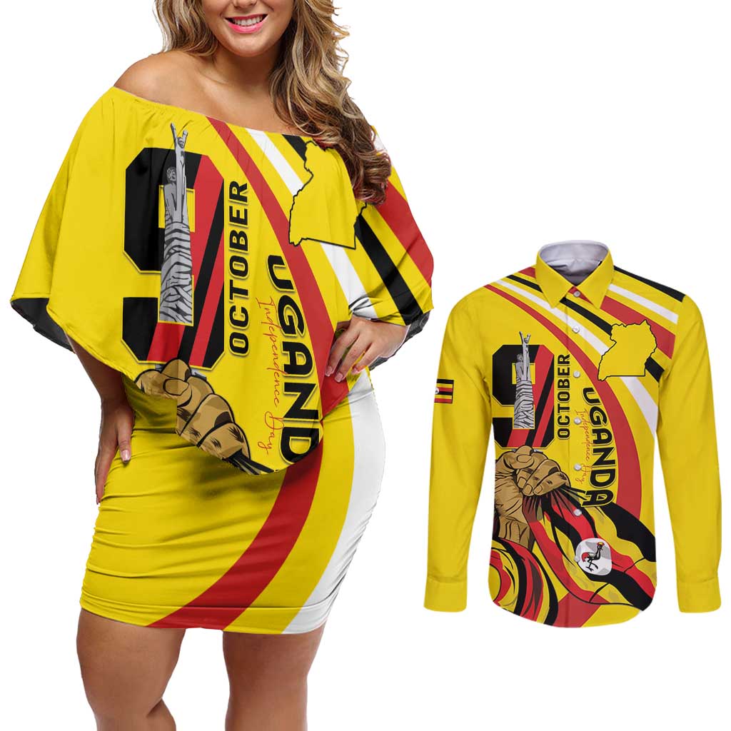 Uganda Couples Matching Off Shoulder Short Dress and Long Sleeve Button Shirt 63rd Anniversary Of Independence - Wonder Print Shop