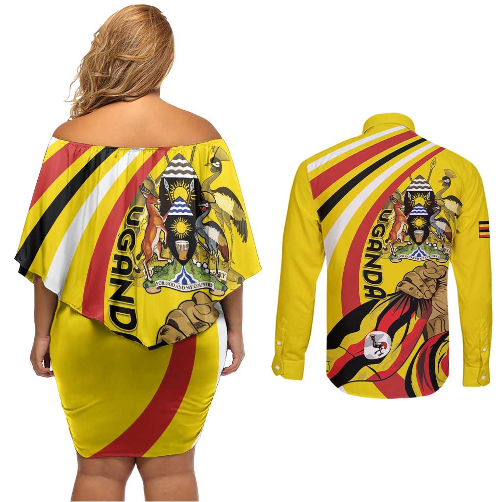 Uganda Couples Matching Off Shoulder Short Dress and Long Sleeve Button Shirt 63rd Anniversary Of Independence - Wonder Print Shop