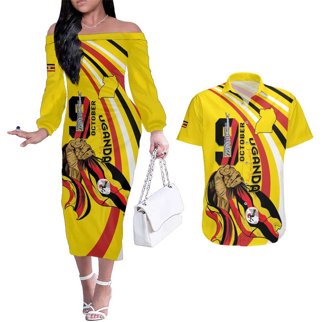 Uganda Couples Matching Off The Shoulder Long Sleeve Dress and Hawaiian Shirt 63rd Anniversary Of Independence - Wonder Print Shop