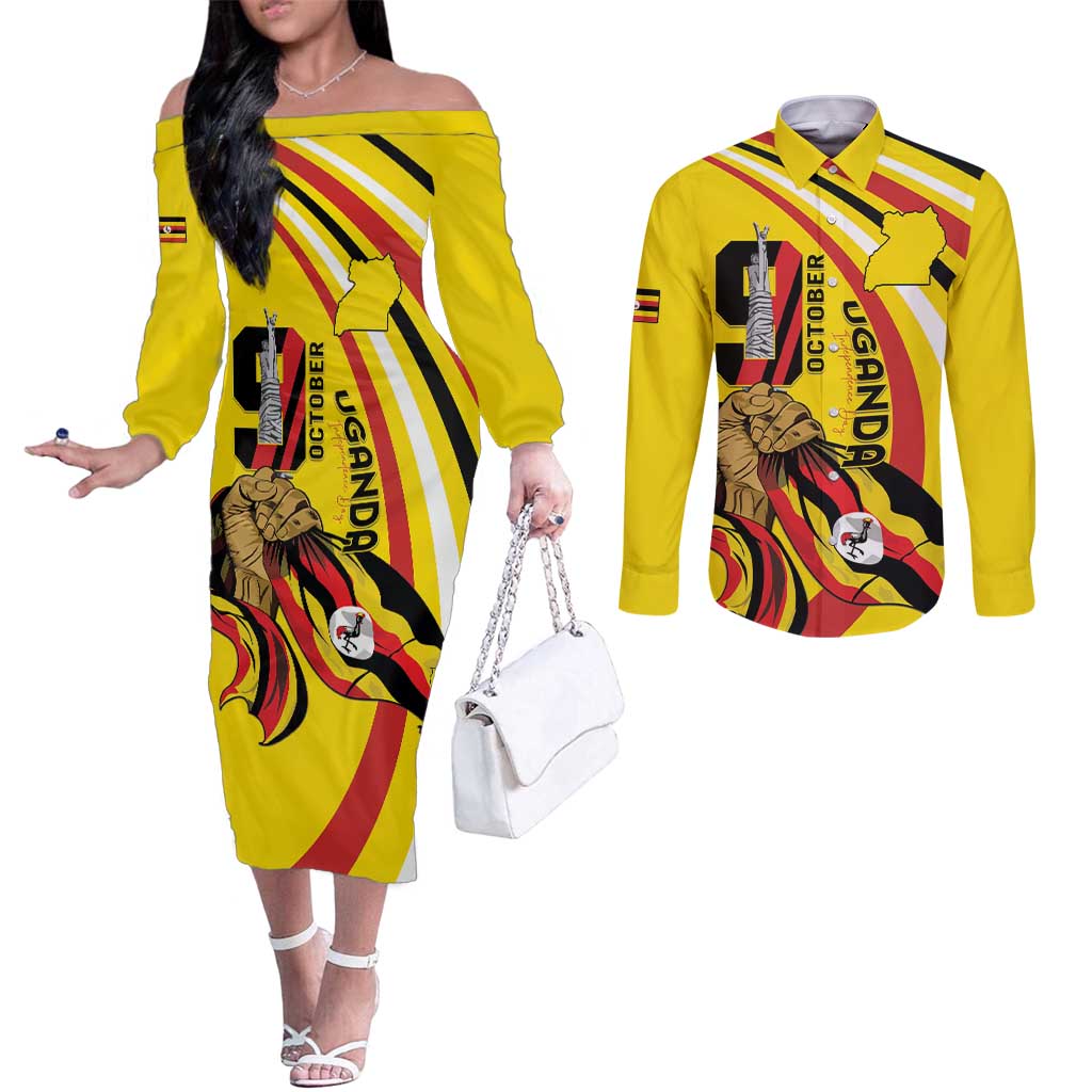 Uganda Couples Matching Off The Shoulder Long Sleeve Dress and Long Sleeve Button Shirt 63rd Anniversary Of Independence - Wonder Print Shop