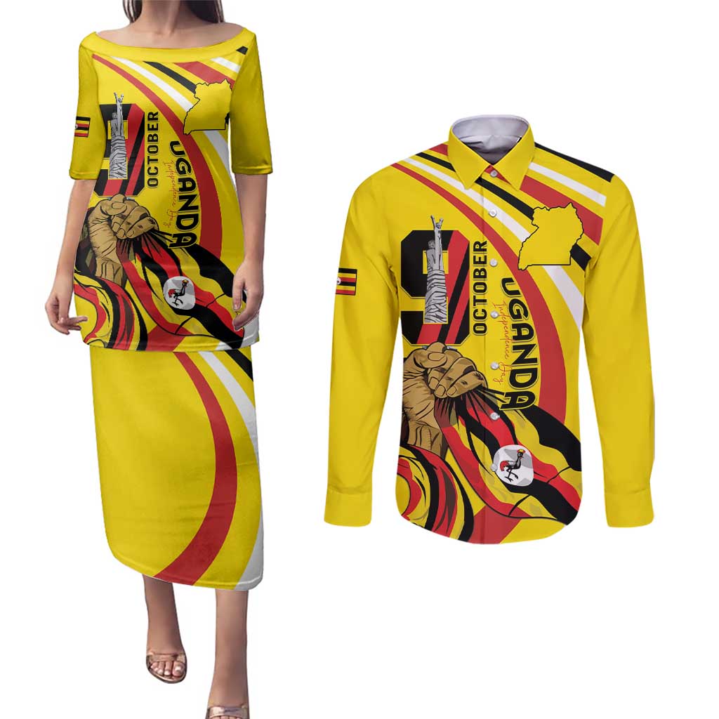 Uganda Couples Matching Puletasi and Long Sleeve Button Shirt 63rd Anniversary Of Independence - Wonder Print Shop