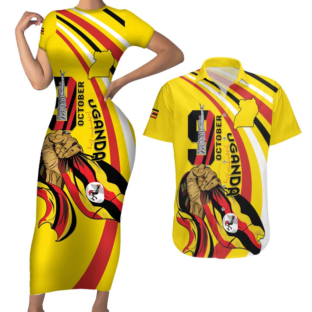 Uganda Couples Matching Short Sleeve Bodycon Dress and Hawaiian Shirt 63rd Anniversary Of Independence - Wonder Print Shop